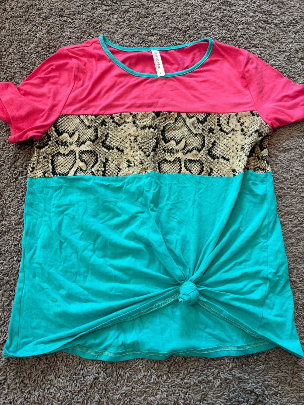 Tickled Teal Pink, Teal & Snake Print Short Sleeve Knot Top